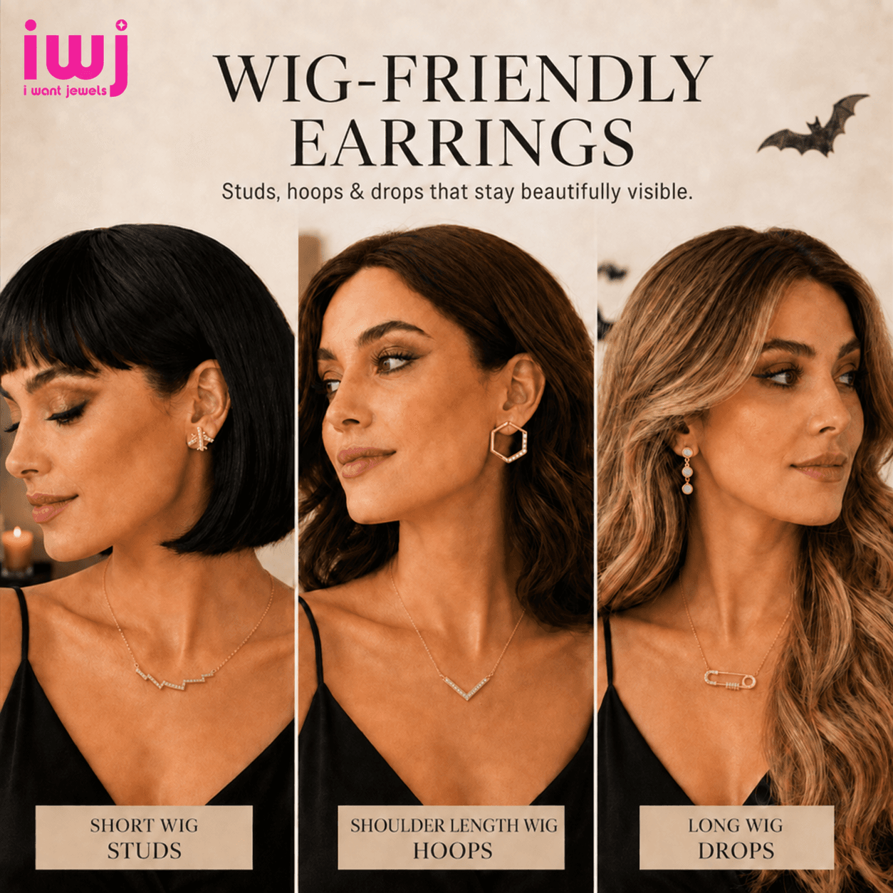 Halloween earrings styled with a wig and costume